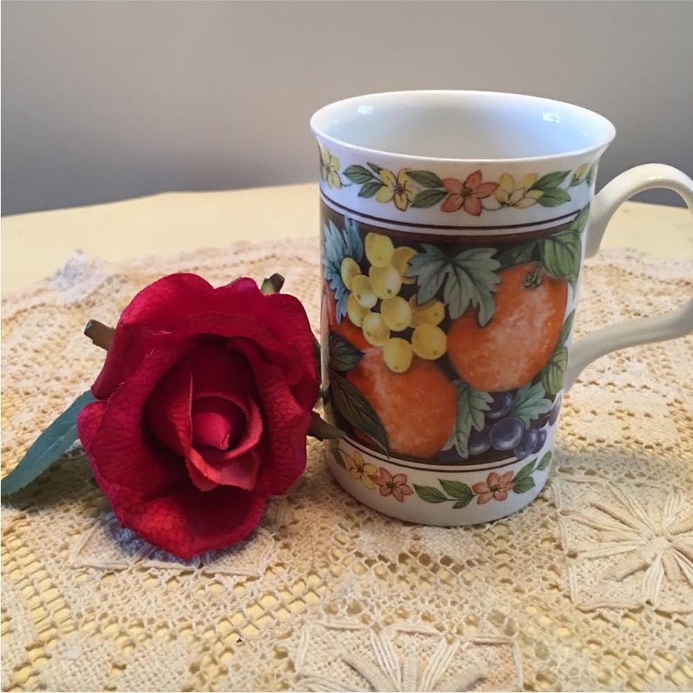 Elegance Find bone china cup mug with lid / coaster fruit made in England EUC